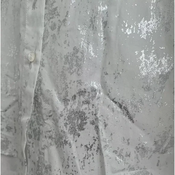 Zara Brushed Silver Metallic Foil White Cotton Button-Up Blouse | S | NWT - Picture 7 of 12